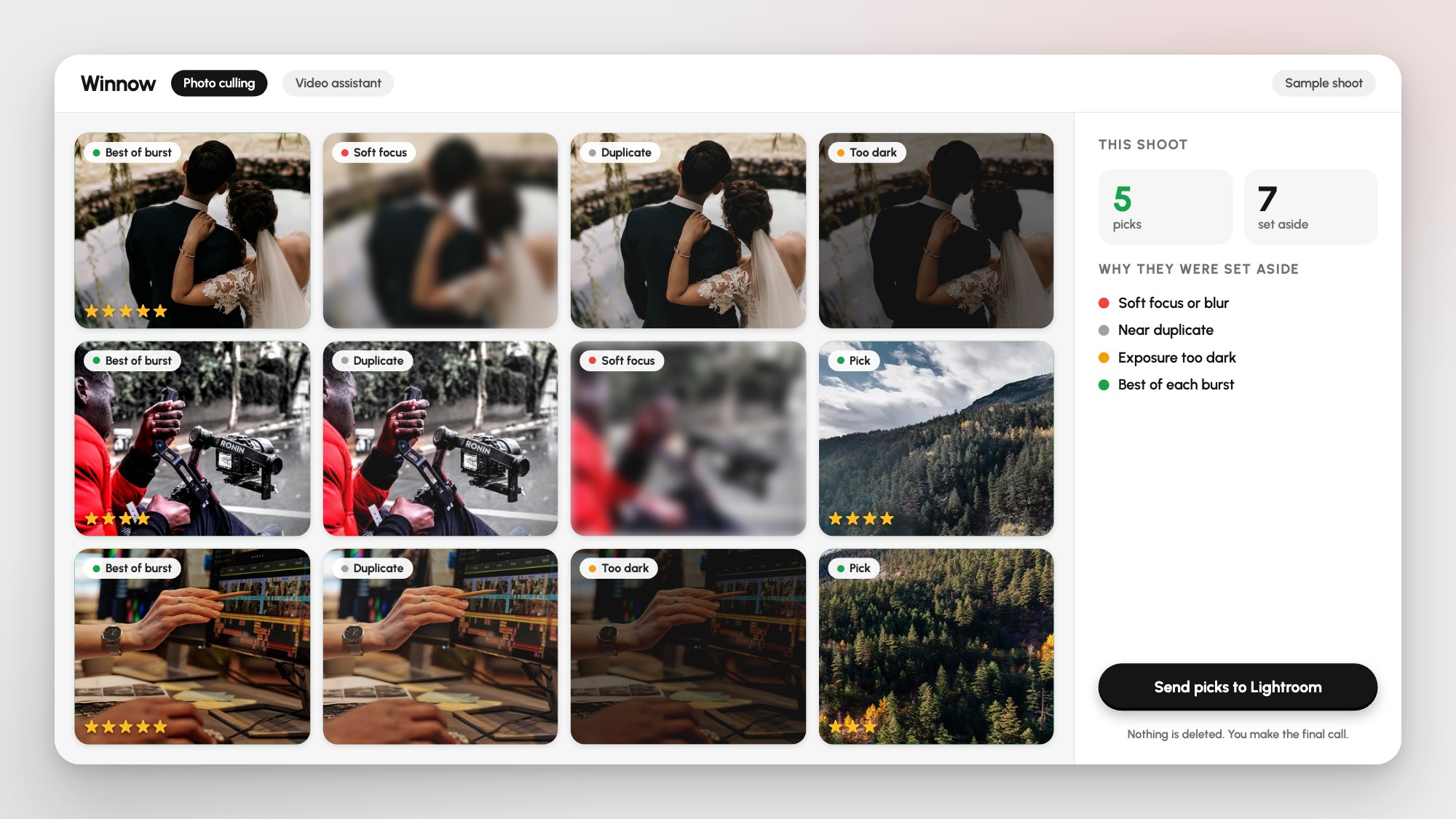 Winnow: a grid of sample photos with the best of each burst picked and blurred, duplicate and dark frames set aside